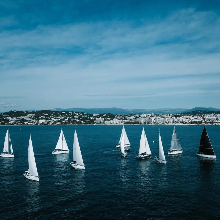 Voiliers en régate au large de Cannes, vue par drone